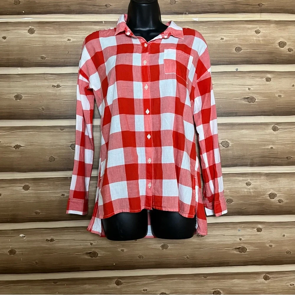 5/$25 Old navy girl long sleeve bottoms down‎ red white plaid shirt size 14 XL